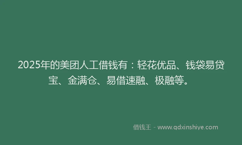 2025年的美团人工借钱有：轻花优品、钱袋易贷宝、金满仓、易借速融、极融等。