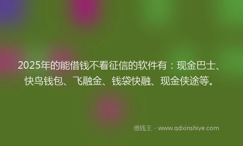 2025年的能借钱不看征信的软件有：现金巴士、快鸟钱包、飞融金、钱袋快融、现金侠途等。