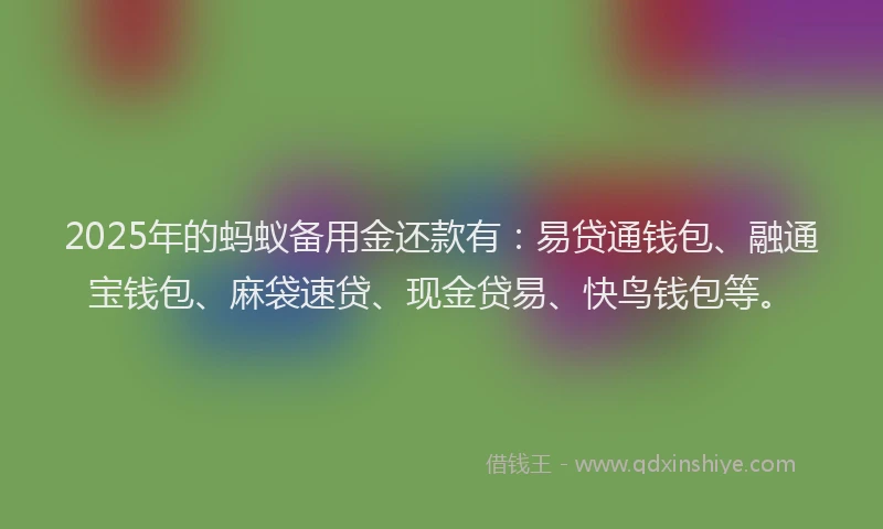 2025年的蚂蚁备用金还款有：易贷通钱包、融通宝钱包、麻袋速贷、现金贷易、快鸟钱包等。