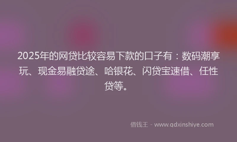 2025年的网贷比较容易下款的口子有：数码潮享玩、现金易融贷途、哈银花、闪贷宝速借、任性贷等。