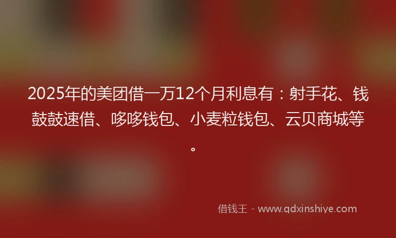2025年的美团借一万12个月利息有：射手花、钱鼓鼓速借、哆哆钱包、小麦粒钱包、云贝商城等。