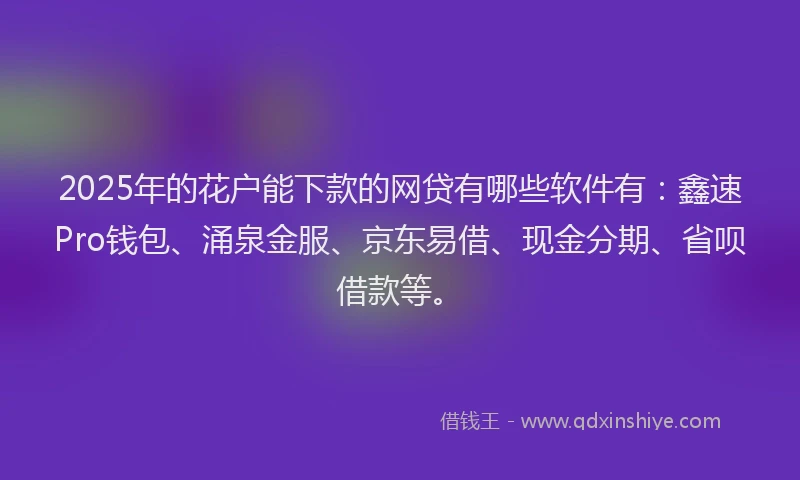 2025年的花户能下款的网贷有哪些软件有：鑫速Pro钱包、涌泉金服、京东易借、现金分期、省呗借款等。