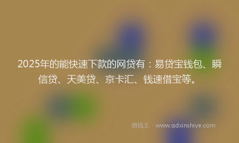 2025年的能快速下款的网贷有：易贷宝钱包、瞬信贷、天美贷、京卡汇、钱速借宝等。