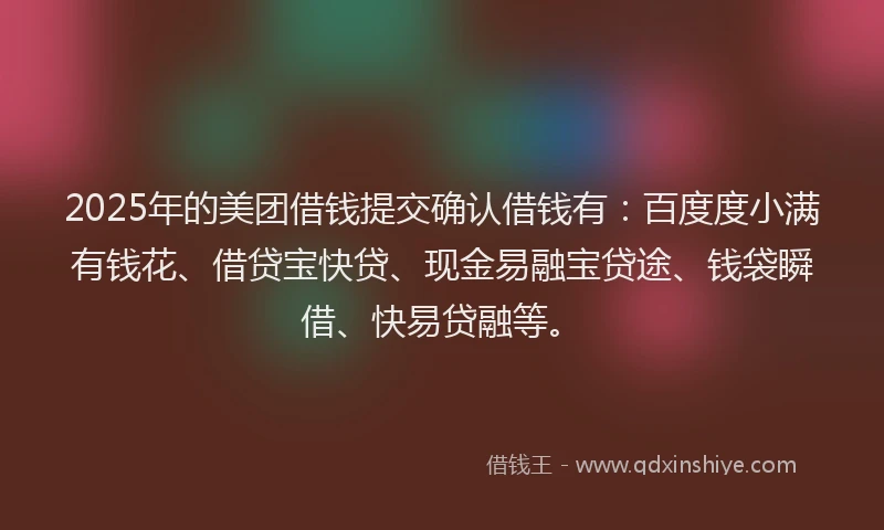 2025年的美团借钱提交确认借钱有：百度度小满有钱花、借贷宝快贷、现金易融宝贷途、钱袋瞬借、快易贷融等。