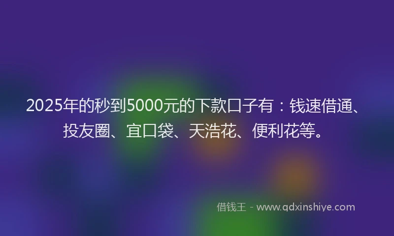 2025年的秒到5000元的下款口子有：钱速借通、投友圈、宜口袋、天浩花、便利花等。