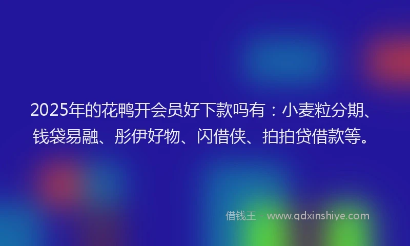 2025年的花鸭开会员好下款吗有：小麦粒分期、钱袋易融、彤伊好物、闪借侠、拍拍贷借款等。