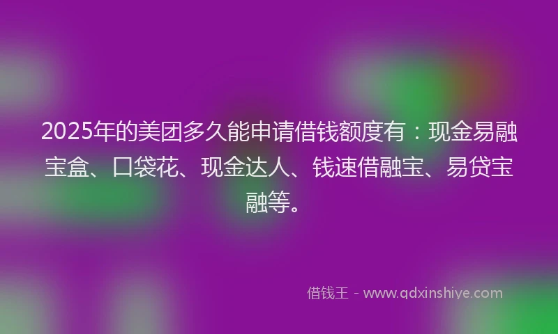 2025年的美团多久能申请借钱额度有：现金易融宝盒、口袋花、现金达人、钱速借融宝、易贷宝融等。