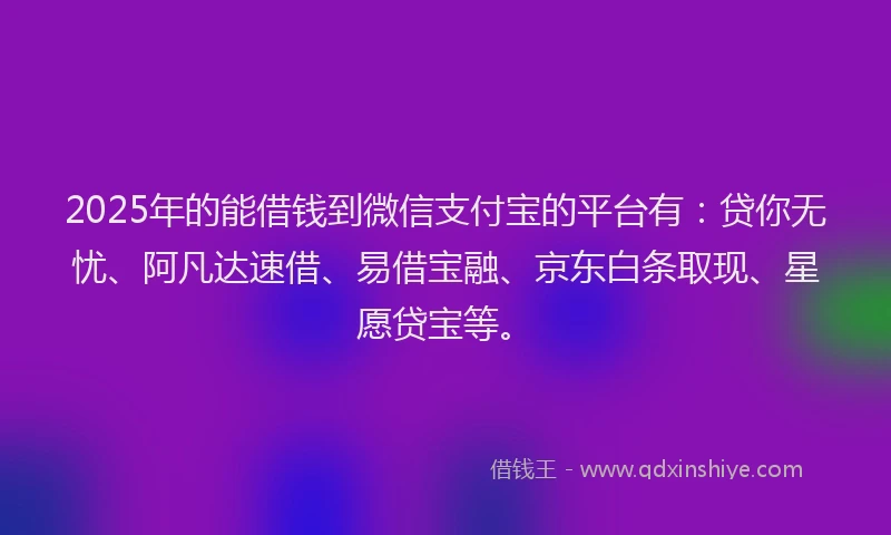 2025年的能借钱到微信支付宝的平台有：贷你无忧、阿凡达速借、易借宝融、京东白条取现、星愿贷宝等。