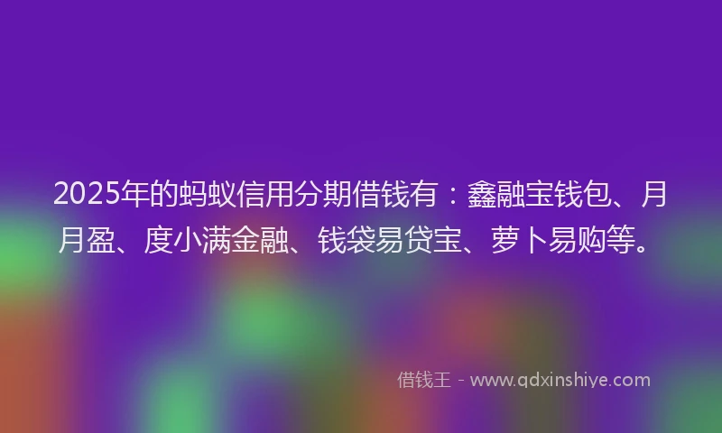 2025年的蚂蚁信用分期借钱有：鑫融宝钱包、月月盈、度小满金融、钱袋易贷宝、萝卜易购等。