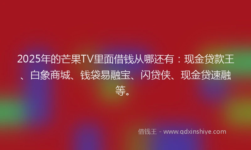 2025年的芒果TV里面借钱从哪还有：现金贷款王、白象商城、钱袋易融宝、闪贷侠、现金贷速融等。