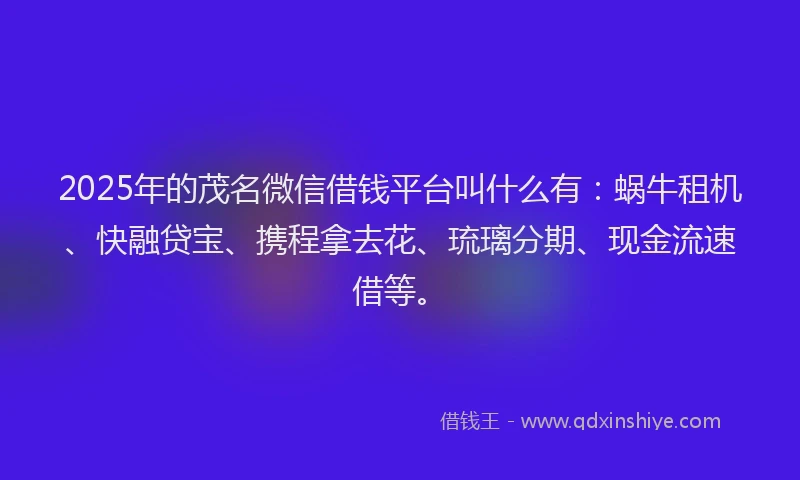 2025年的茂名微信借钱平台叫什么有：蜗牛租机、快融贷宝、携程拿去花、琉璃分期、现金流速借等。