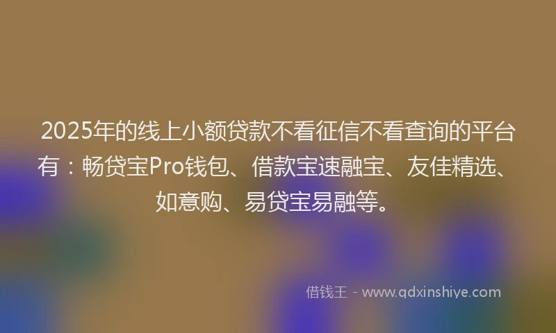 2025年的线上小额贷款不看征信不看查询的平台有：畅贷宝Pro钱包、借款宝速融宝、友佳精选、如意购、易贷宝易融等。
