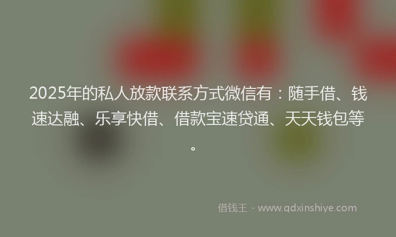 2025年的私人放款联系方式微信有：随手借、钱速达融、乐享快借、借款宝速贷通、天天钱包等。