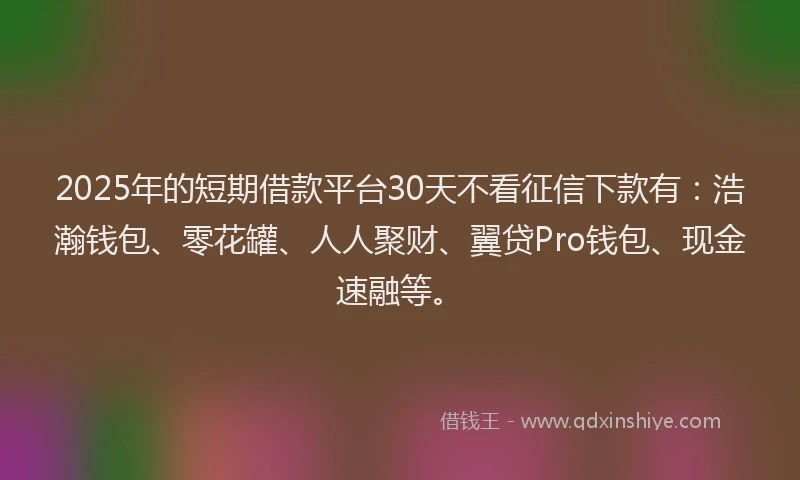 2025年的短期借款平台30天不看征信下款有：浩瀚钱包、零花罐、人人聚财、翼贷Pro钱包、现金速融等。