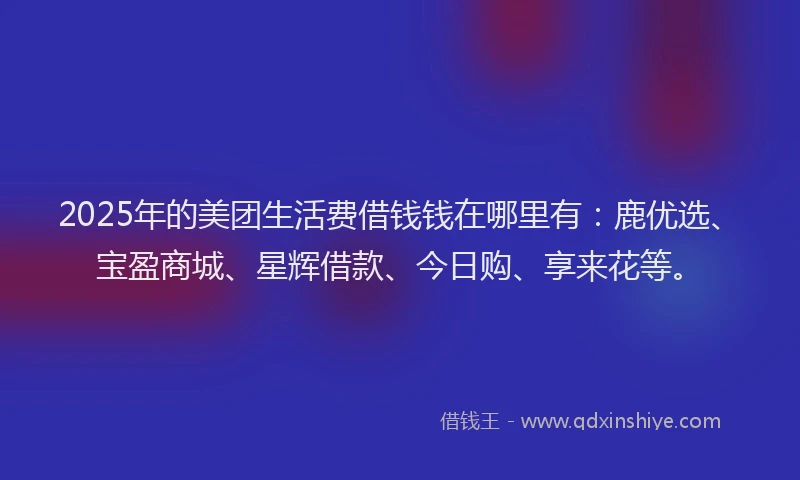 2025年的美团生活费借钱钱在哪里有：鹿优选、宝盈商城、星辉借款、今日购、享来花等。