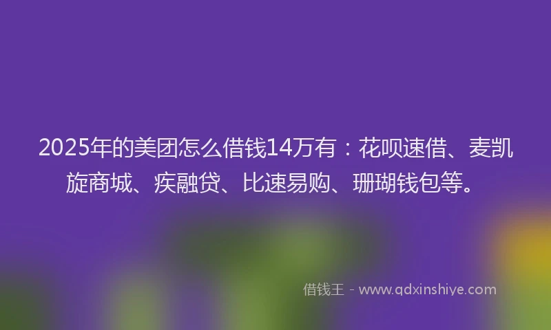 2025年的美团怎么借钱14万有：花呗速借、麦凯旋商城、疾融贷、比速易购、珊瑚钱包等。