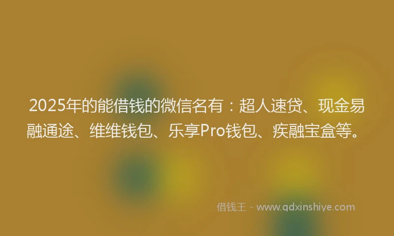 2025年的能借钱的微信名有：超人速贷、现金易融通途、维维钱包、乐享Pro钱包、疾融宝盒等。