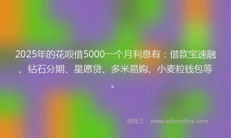 2025年的花呗借5000一个月利息有：借款宝速融、钻石分期、星愿贷、多米易购、小麦粒钱包等。