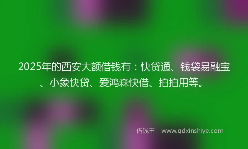 2025年的西安大额借钱有：快贷通、钱袋易融宝、小象快贷、爱鸿森快借、拍拍用等。