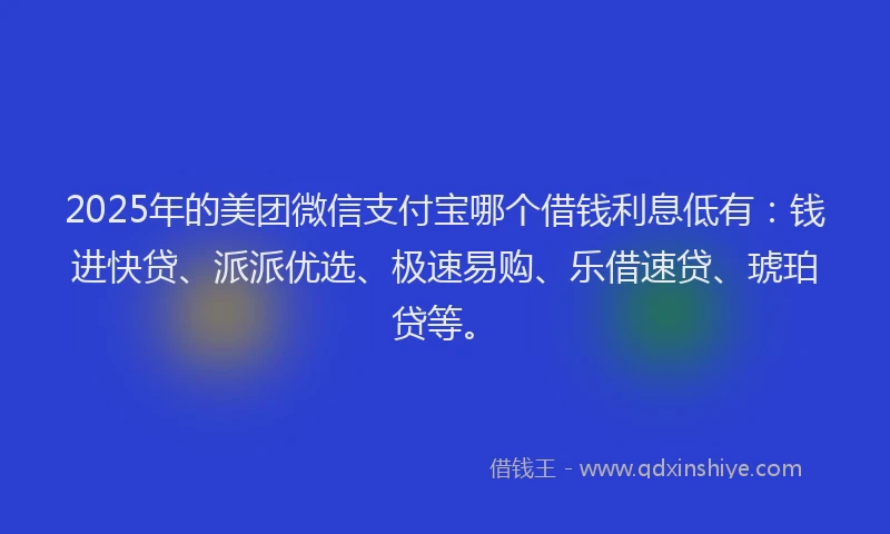 2025年的美团微信支付宝哪个借钱利息低有：钱进快贷、派派优选、极速易购、乐借速贷、琥珀贷等。
