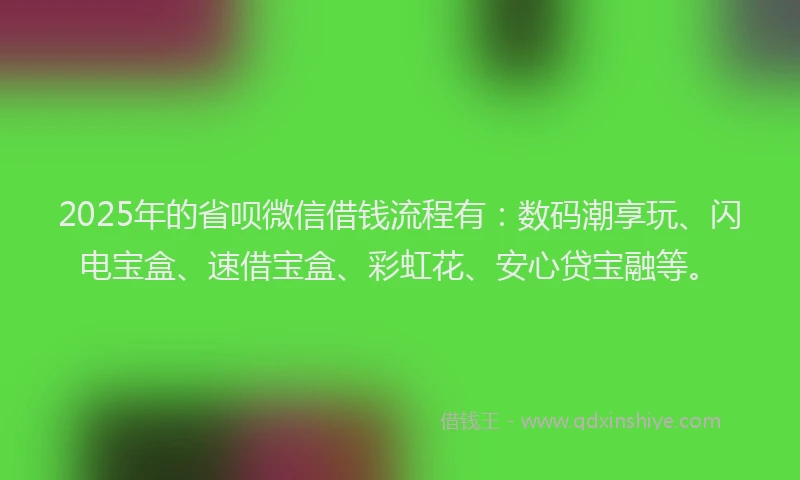 2025年的省呗微信借钱流程有：数码潮享玩、闪电宝盒、速借宝盒、彩虹花、安心贷宝融等。