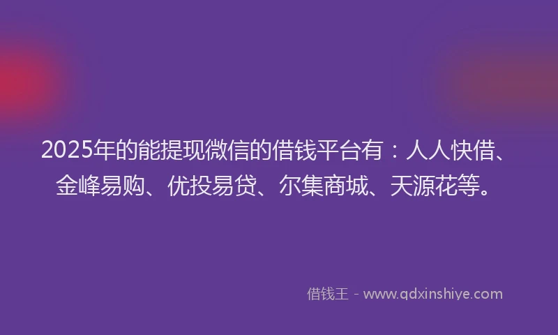2025年的能提现微信的借钱平台有：人人快借、金峰易购、优投易贷、尔集商城、天源花等。
