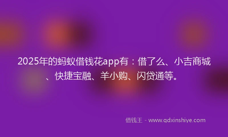 2025年的蚂蚁借钱花app有：借了么、小吉商城、快捷宝融、羊小购、闪贷通等。