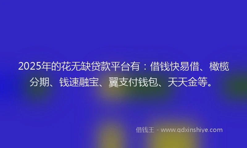 2025年的花无缺贷款平台有：借钱快易借、橄榄分期、钱速融宝、翼支付钱包、天天金等。