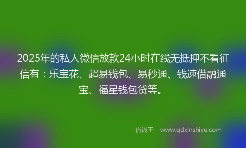 2025年的私人微信放款24小时在线无抵押不看征信有：乐宝花、超易钱包、易秒通、钱速借融通宝、福星钱包贷等。