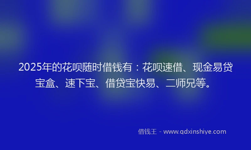 2025年的花呗随时借钱有：花呗速借、现金易贷宝盒、速下宝、借贷宝快易、二师兄等。