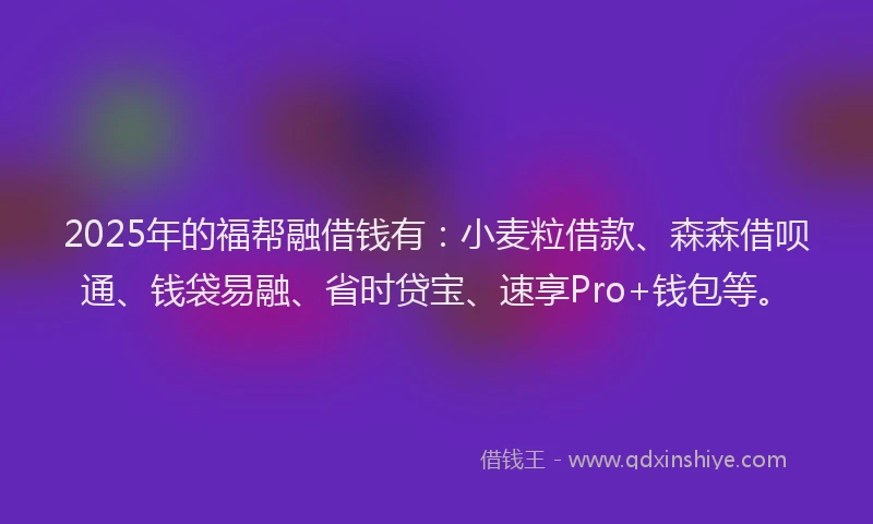2025年的福帮融借钱有：小麦粒借款、森森借呗通、钱袋易融、省时贷宝、速享Pro+钱包等。
