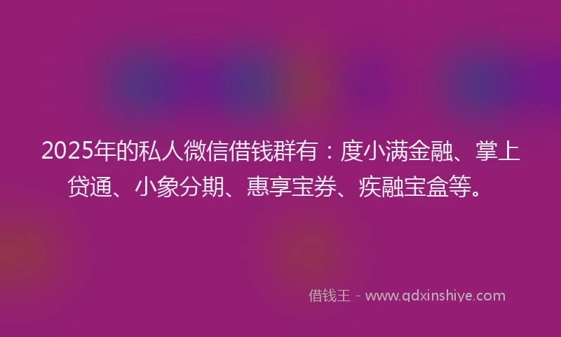 2025年的私人微信借钱群有：度小满金融、掌上贷通、小象分期、惠享宝券、疾融宝盒等。