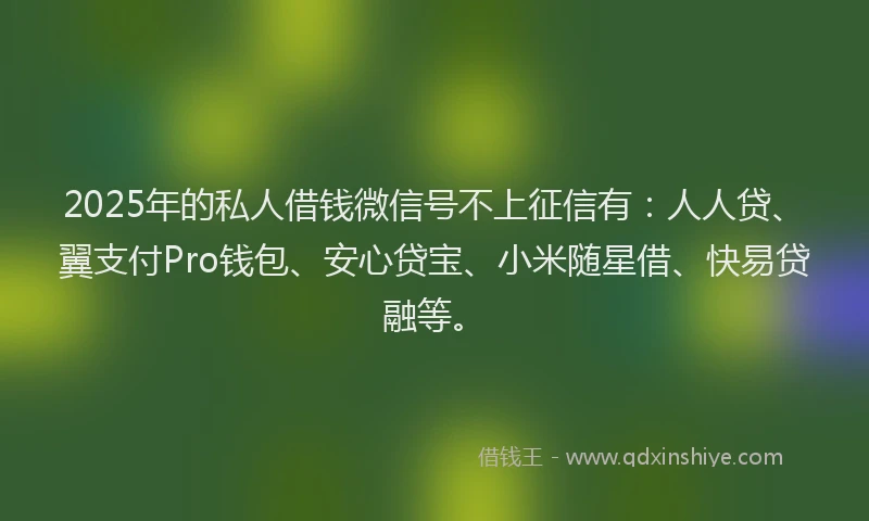 2025年的私人借钱微信号不上征信有：人人贷、翼支付Pro钱包、安心贷宝、小米随星借、快易贷融等。