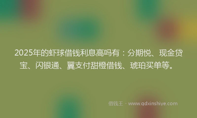 2025年的虾球借钱利息高吗有：分期悦、现金贷宝、闪银通、翼支付甜橙借钱、琥珀买单等。