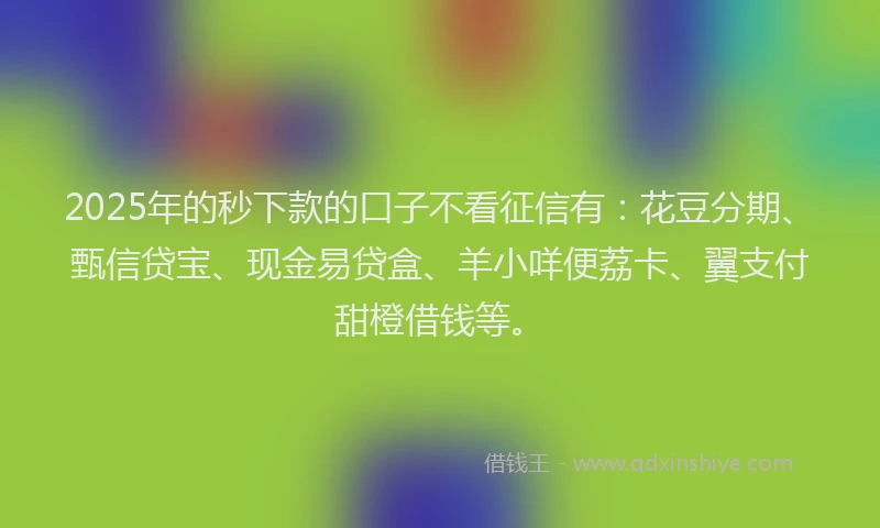 2025年的秒下款的口子不看征信有：花豆分期、甄信贷宝、现金易贷盒、羊小咩便荔卡、翼支付甜橙借钱等。