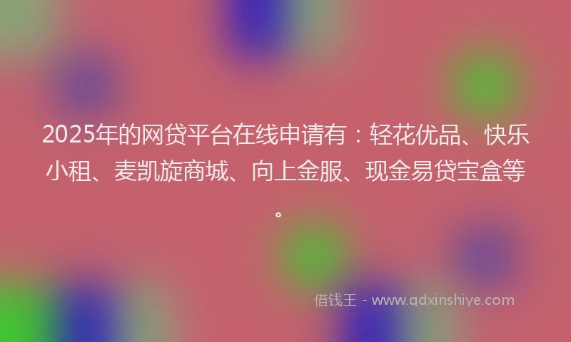 2025年的网贷平台在线申请有：轻花优品、快乐小租、麦凯旋商城、向上金服、现金易贷宝盒等。