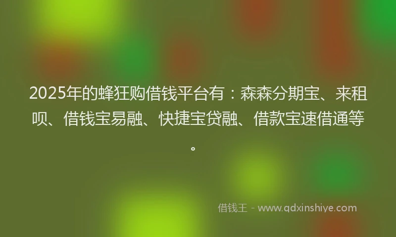2025年的蜂狂购借钱平台有：森森分期宝、来租呗、借钱宝易融、快捷宝贷融、借款宝速借通等。