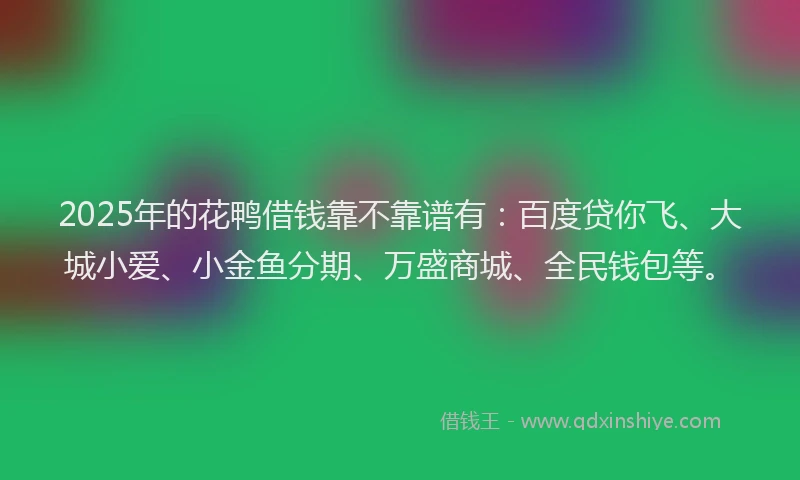 2025年的花鸭借钱靠不靠谱有：百度贷你飞、大城小爱、小金鱼分期、万盛商城、全民钱包等。