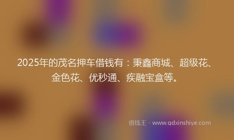 2025年的茂名押车借钱有：秉鑫商城、超级花、金色花、优秒通、疾融宝盒等。