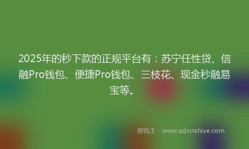 2025年的秒下款的正规平台有：苏宁任性贷、信融Pro钱包、便捷Pro钱包、三枝花、现金秒融易宝等。