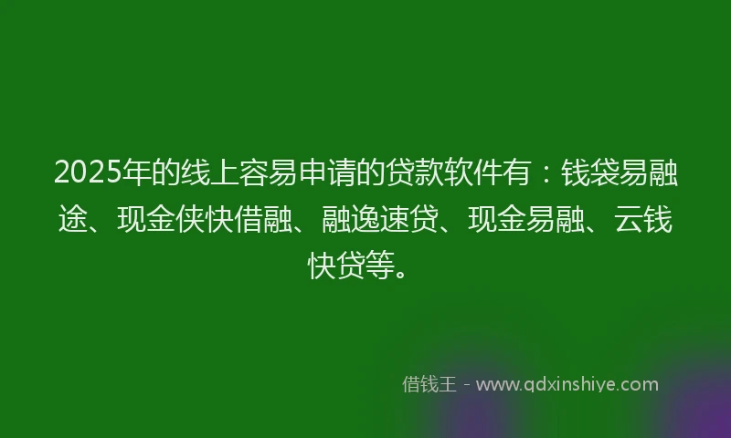 2025年的线上容易申请的贷款软件有：钱袋易融途、现金侠快借融、融逸速贷、现金易融、云钱快贷等。