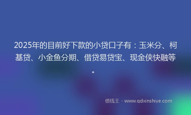 2025年的目前好下款的小贷口子有：玉米分、柯基贷、小金鱼分期、借贷易贷宝、现金侠快融等。