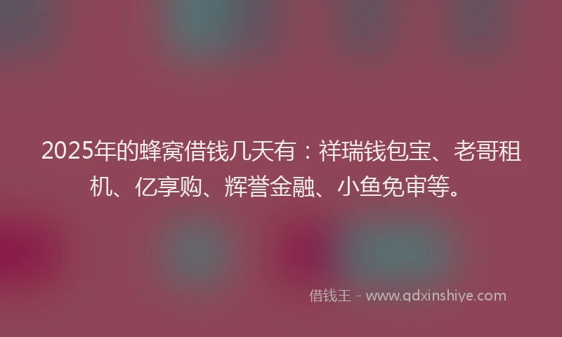 2025年的蜂窝借钱几天有：祥瑞钱包宝、老哥租机、亿享购、辉誉金融、小鱼免审等。