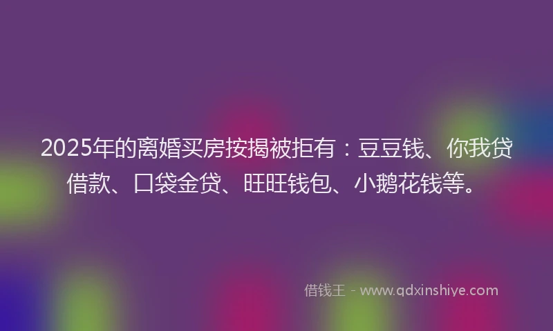 2025年的离婚买房按揭被拒有：豆豆钱、你我贷借款、口袋金贷、旺旺钱包、小鹅花钱等。