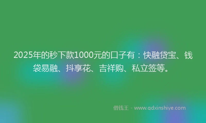 2025年的秒下款1000元的口子有：快融贷宝、钱袋易融、抖享花、吉祥购、私立签等。