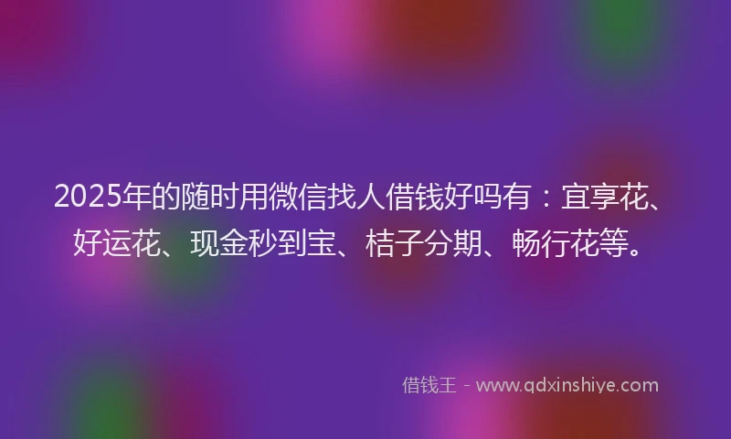 2025年的随时用微信找人借钱好吗有：宜享花、好运花、现金秒到宝、桔子分期、畅行花等。