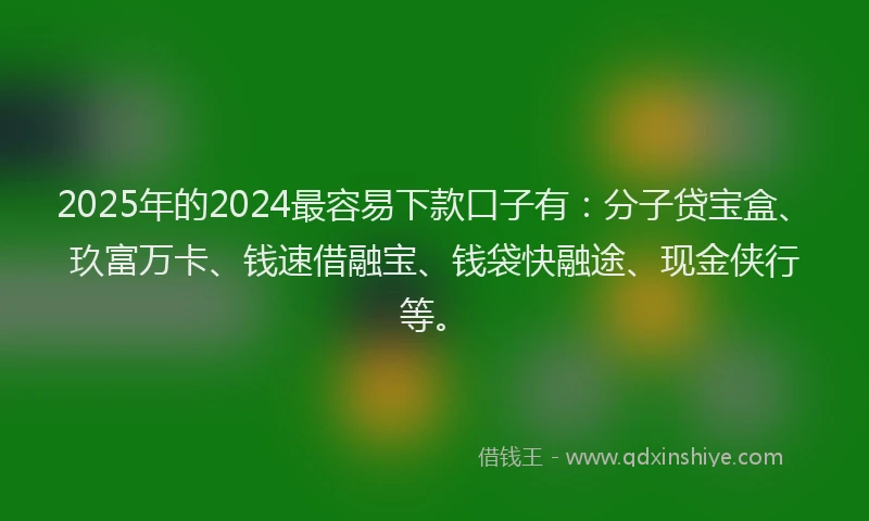 2025年的2024最容易下款口子有：分子贷宝盒、玖富万卡、钱速借融宝、钱袋快融途、现金侠行等。