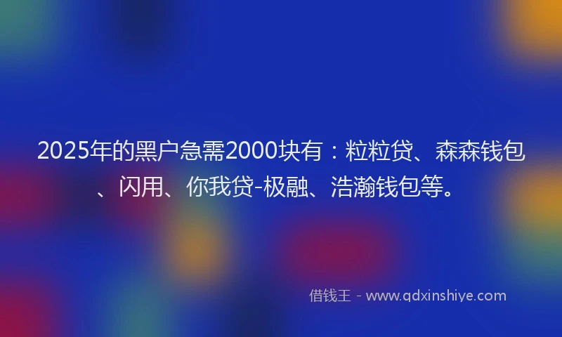 2025年的黑户急需2000块有：粒粒贷、森森钱包、闪用、你我贷-极融、浩瀚钱包等。