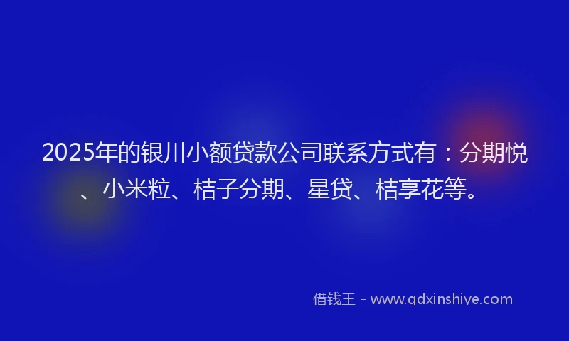 2025年的银川小额贷款公司联系方式有：分期悦、小米粒、桔子分期、星贷、桔享花等。