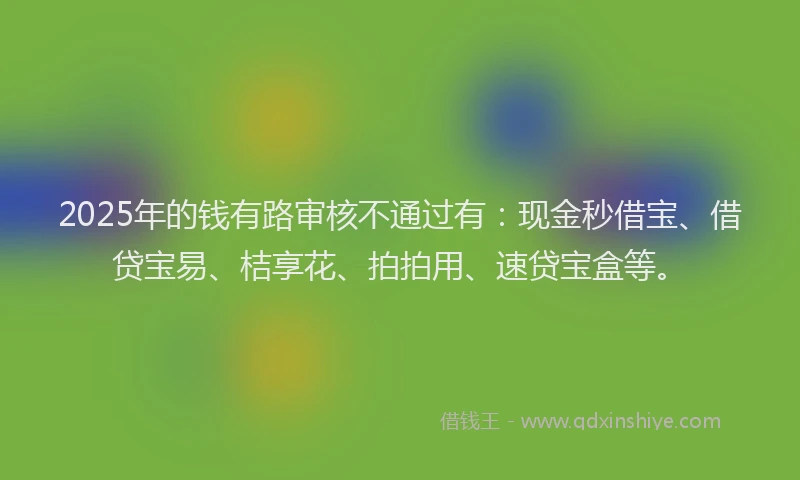 2025年的钱有路审核不通过有：现金秒借宝、借贷宝易、桔享花、拍拍用、速贷宝盒等。